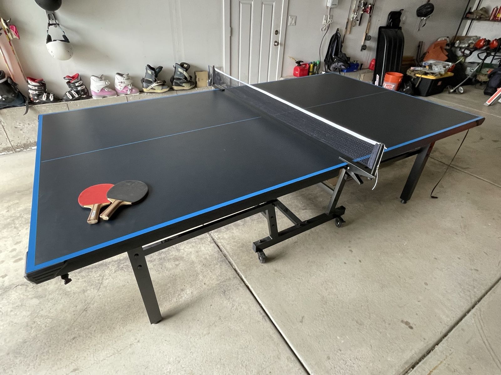 Black and Blue Folding Ping Pong Table with Net and Paddles