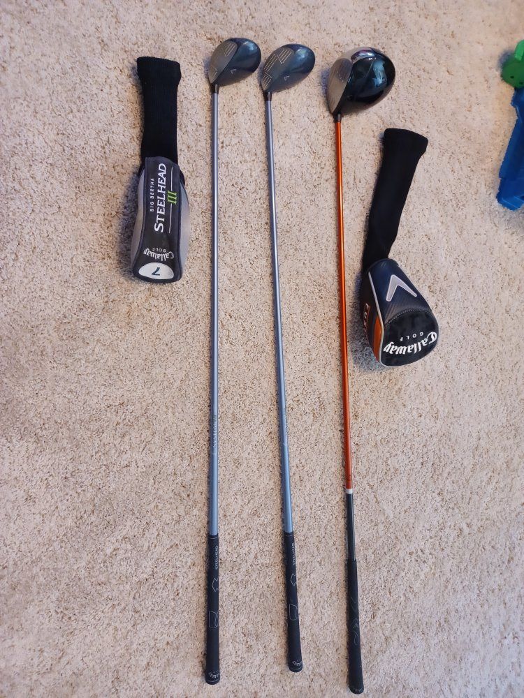 Callaway Big Bertha Fusion FT-3 Driver 11° Loft with Headcover and two Callaway Big Bertha Steelhead III woods (#4 and #7).