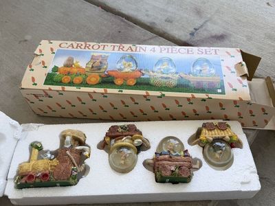 Vintage "Carrot Train" 4-Piece Set - Easter Bunny Figurines & Snow Globes