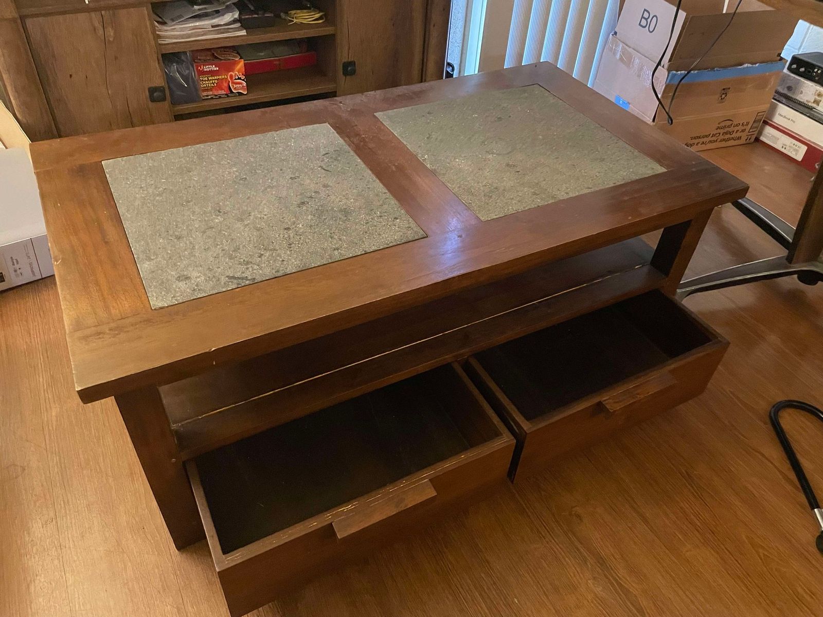 Wooden Coffee Table with Slate Tile Inlays and Storage Drawers - Mid-Century Style