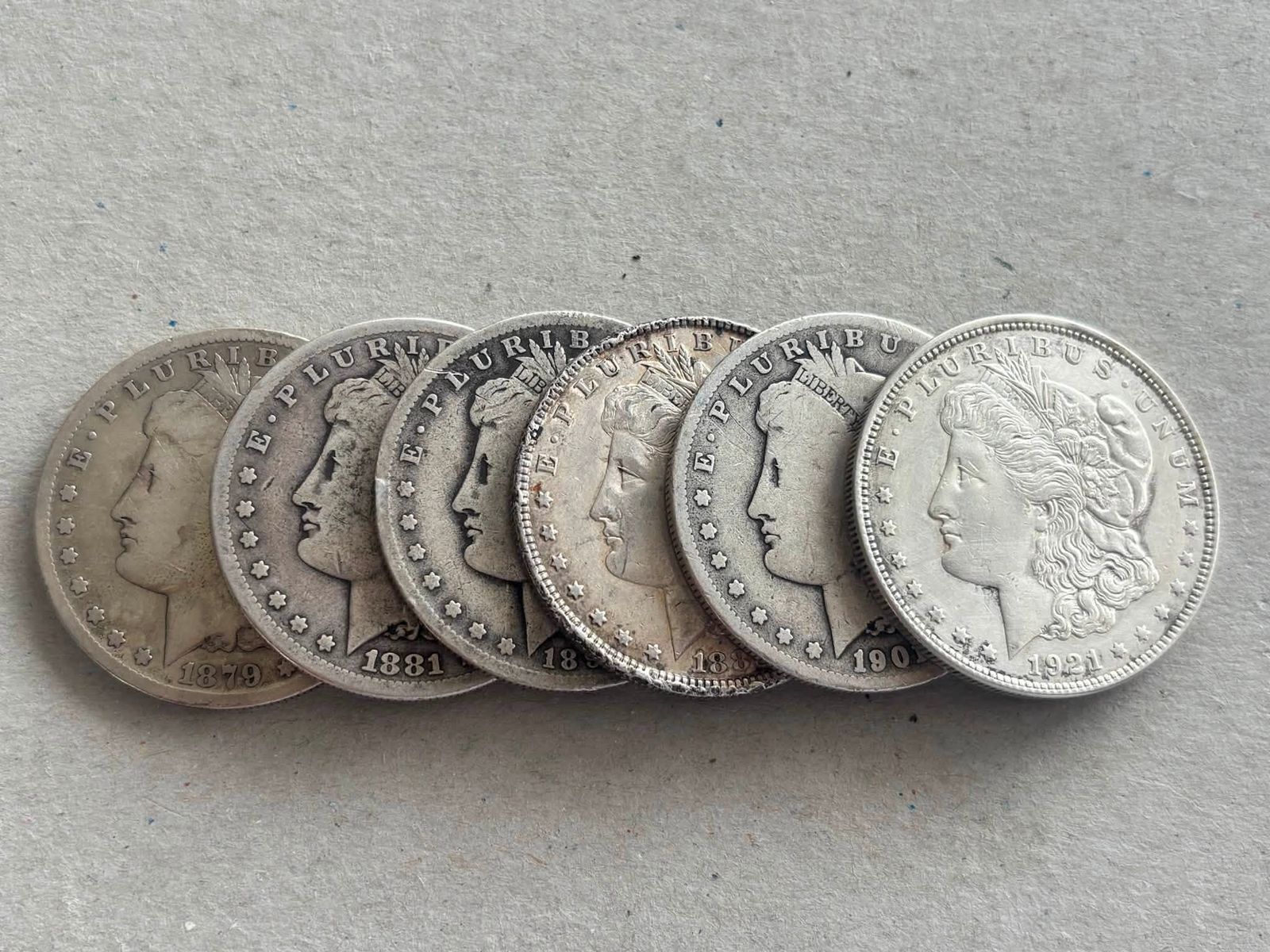 6 Morgans 1879s better date, 1881s, 1883p, 1891o,1901o, 1921p $63 each