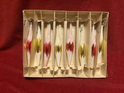 Vintage Rare Teardrop Glass Ornaments Red/Gold With White Frost Set