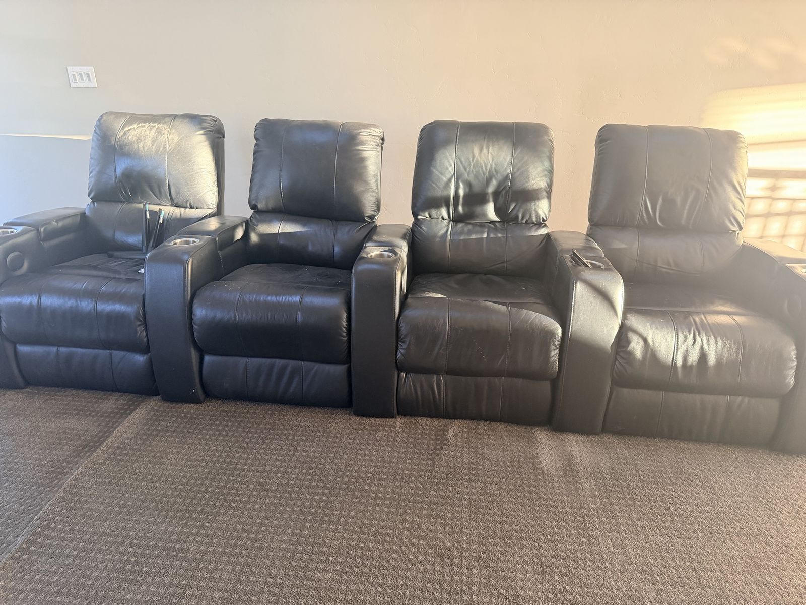 Black Leather Reclining Home Theater Seats - Set of 4 with Cupholders, Used Condition