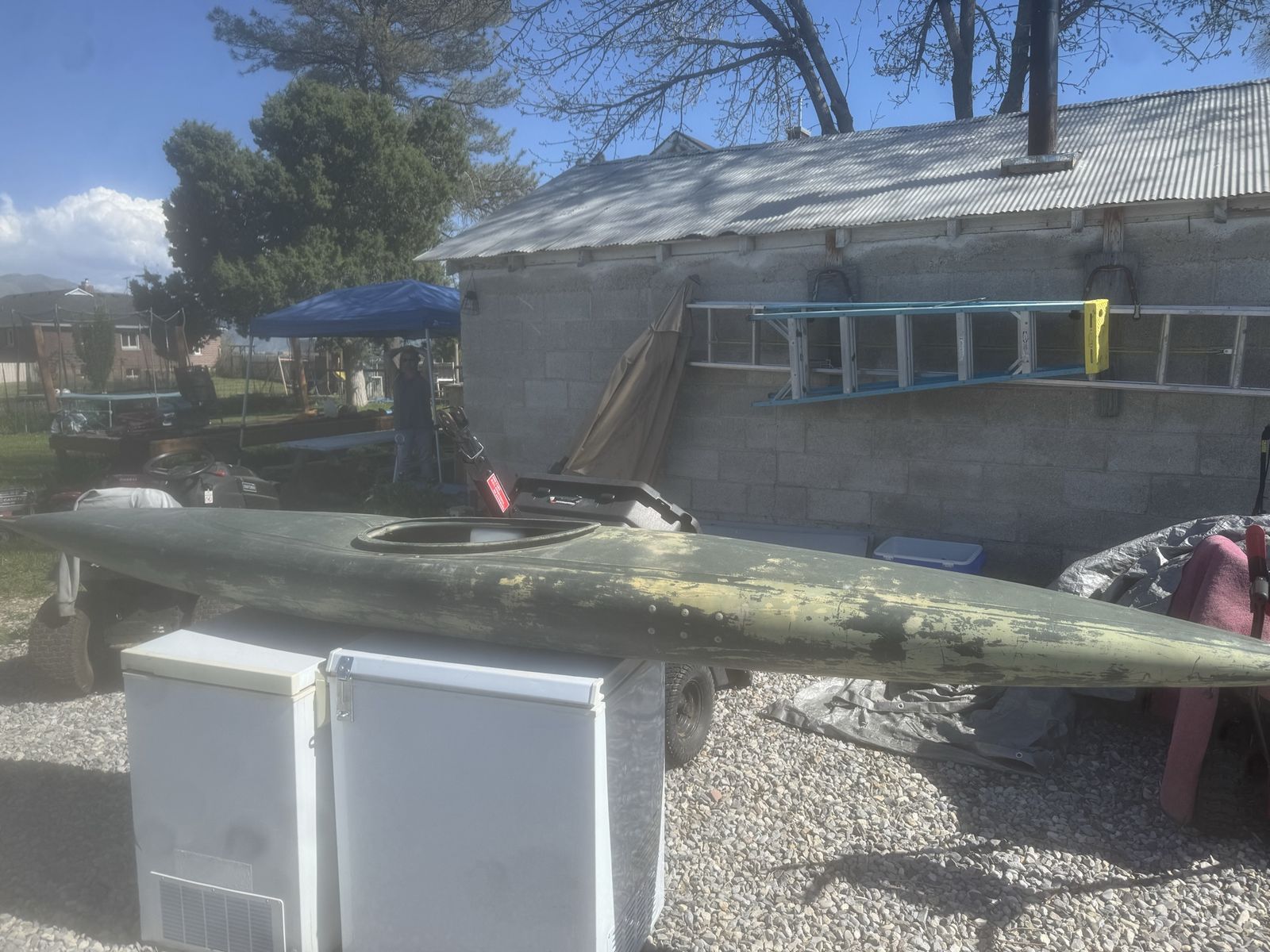 Used Fiberglass Kayak - Green, Single-Person, Great for Lakes & Rivers
