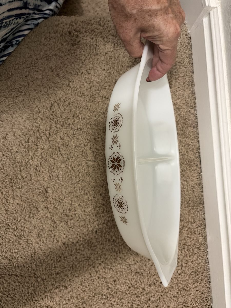 Vintage Pyrex "Snowflake" Divided Casserole Dish - White with Brown Pattern, Milk Glass