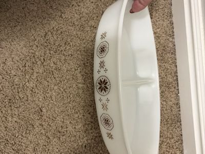 Vintage Pyrex "Snowflake" Divided Casserole Dish - White with Brown Pattern, Milk Glass