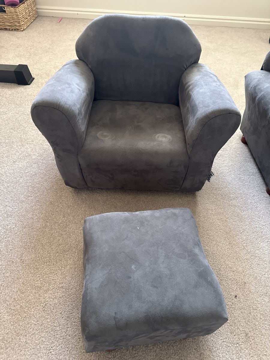 Kids Gray Microfiber Puffy Armchair with Matching Ottoman