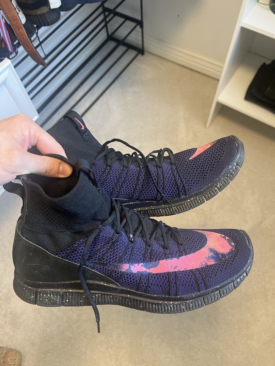 Size 13 Nike Free Flyknit Mercurial High Top Sneakers Dark Purple Pink Swoosh