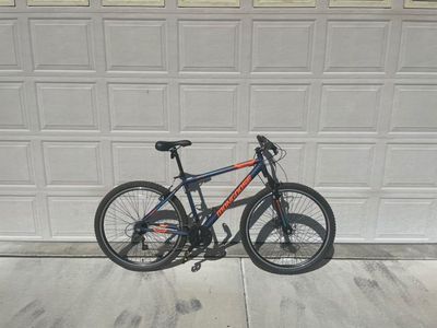 Mongoose Exhibit Mountain Bike - Blue/Orange, 7-Speed, Front Suspension