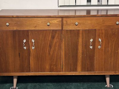Vintage Mid-Century Modern Wooden Sideboard Buffet Cabinet with Drawers and Storage