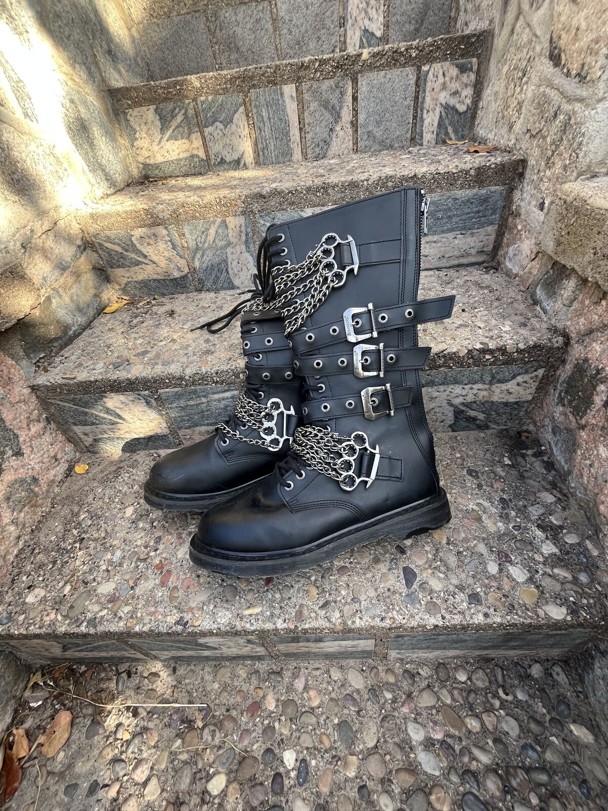 Demonia Bolt-450 Men Combat 20 Eyelet Black Knee High Chain Boots Men's 14