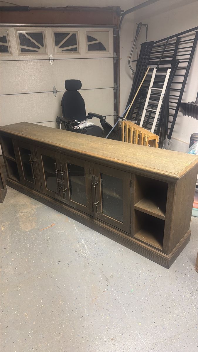 Large Wooden Entertainment Center TV Stand with Glass Doors & Shelves