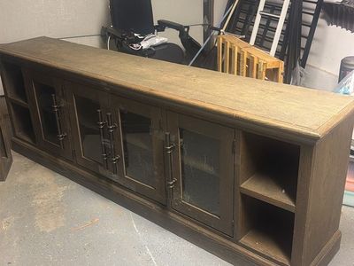 Large Wooden Entertainment Center TV Stand with Glass Doors & Shelves