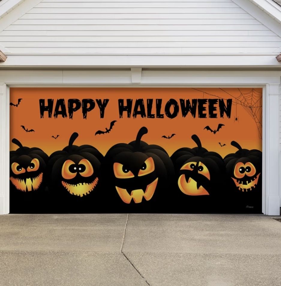 Halloween 16'  Pumpkin Faces Garage Door Cover Graveyard Cemetery Home Decor Decoration Prop