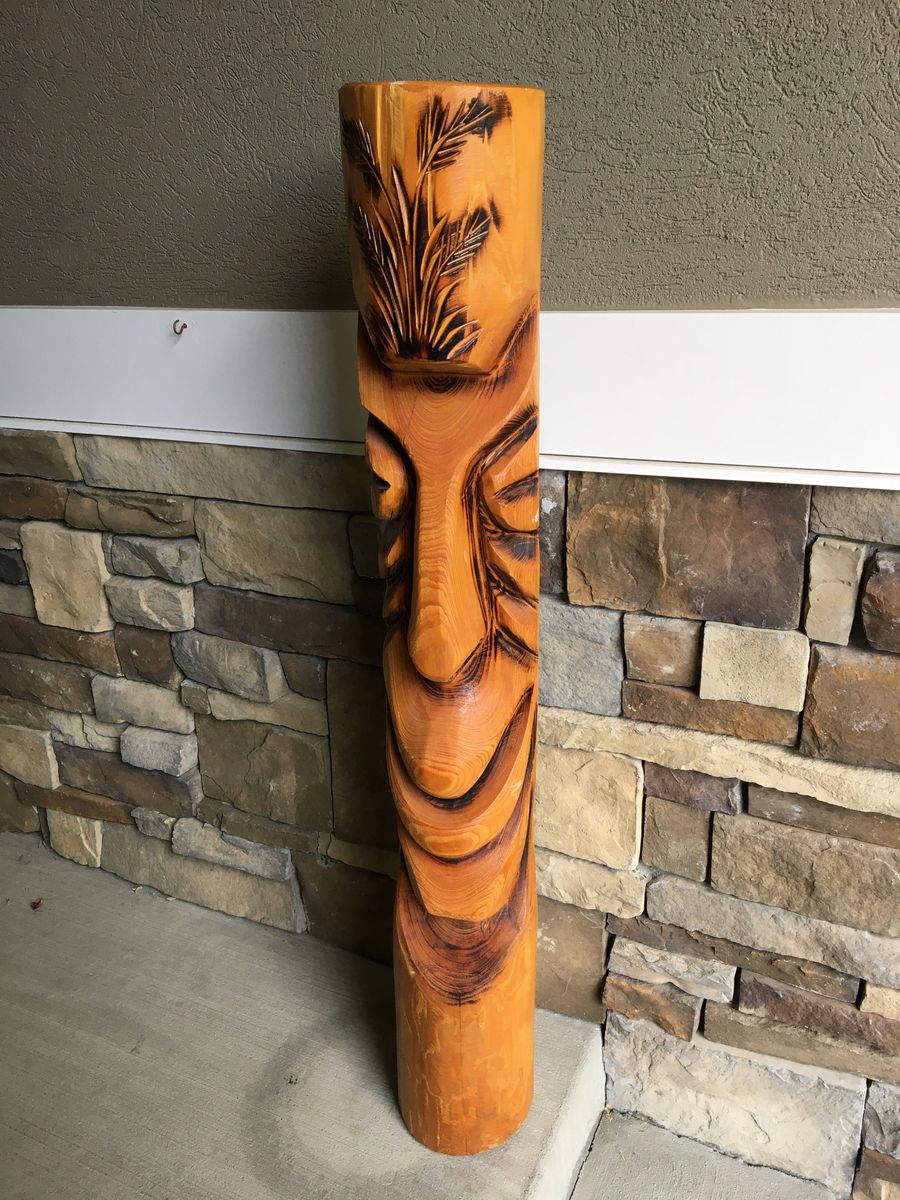 Large 43” Tall Hand Carved Wooden Tiki Signed
