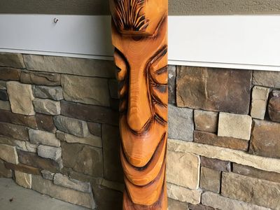 Large 43” Tall Hand Carved Wooden Tiki Signed