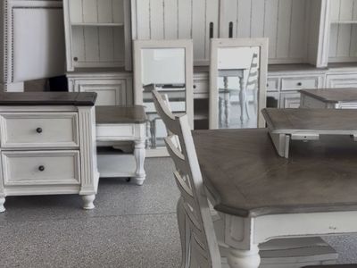 14-Piece Modern Farmhouse Dining & Entertainment Center Set - Lighted, Solid Wood, Seats 6-8