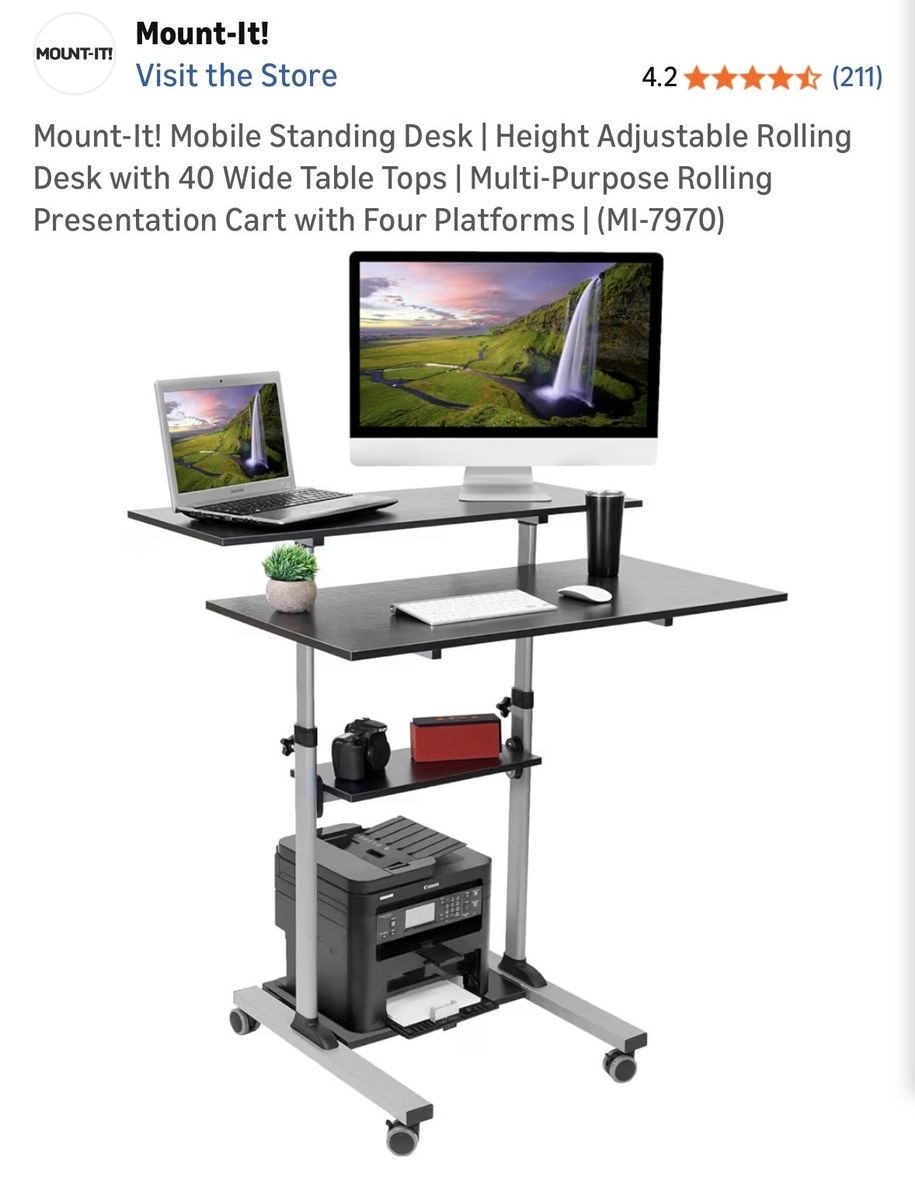 Mount-It! MI-7970 Mobile Standing Desk, Height Adjustable, 40" Wide Table, Multi-Purpose Rolling Cart