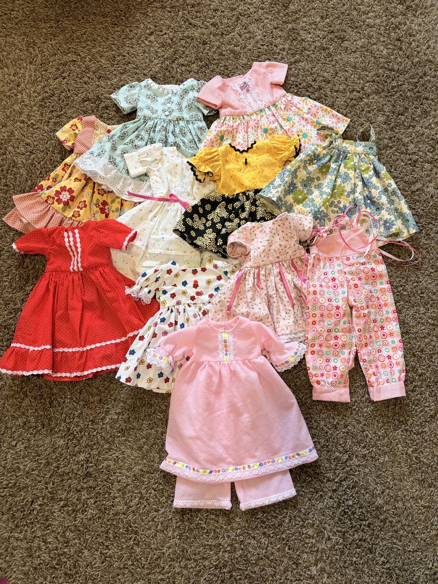 Handmade Doll Clothes Lot - 10 Dresses & 1 Pajama Set, All to fit an18 inch doll.