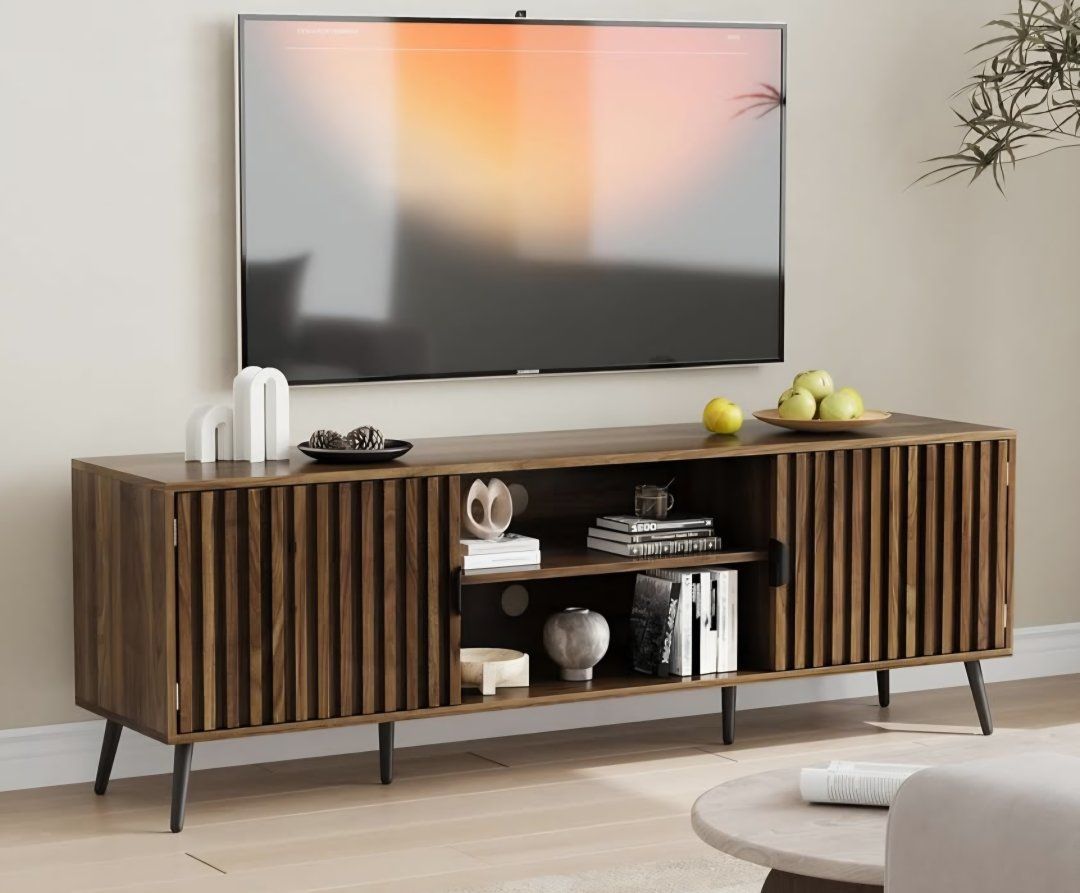 Smart FENDEE 63-Inch TV Stand for TVs up to 70 Inch, Mid-Century Modern Television Stand, Entertainment Center with Fluted Doors