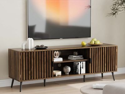 Smart FENDEE 63-Inch TV Stand for TVs up to 70 Inch, Mid-Century Modern Television Stand, Entertainment Center with Fluted Doors