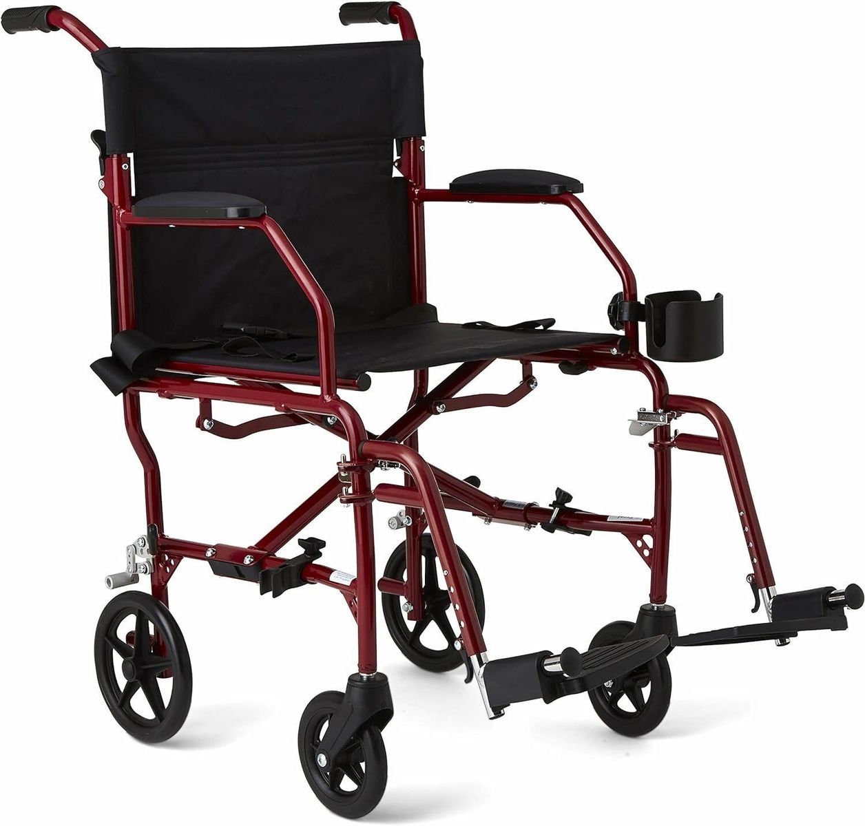 Ultra Lightweight Transport Wheelchair for Adults, Foldable, Red Frame, Black Upholstery