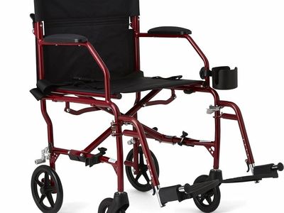 Ultra Lightweight Transport Wheelchair for Adults, Foldable, Red Frame, Black Upholstery