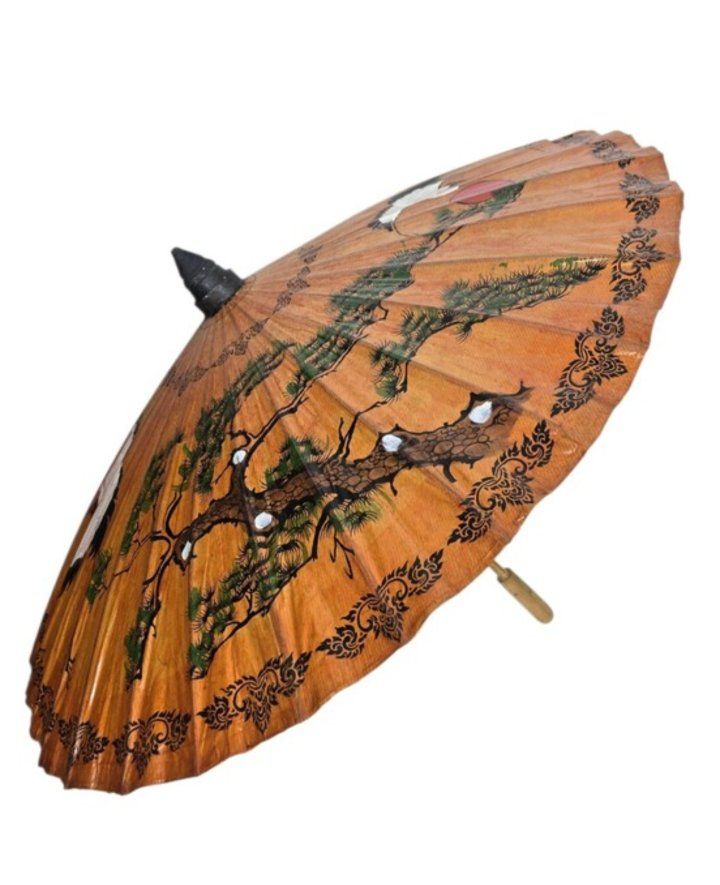 Vintage Japanese Style Paper Parasol Hand Painted Cranes Trees Bamboo Umbrella