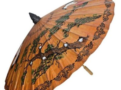 Vintage Japanese Style Paper Parasol Hand Painted Cranes Trees Bamboo Umbrella
