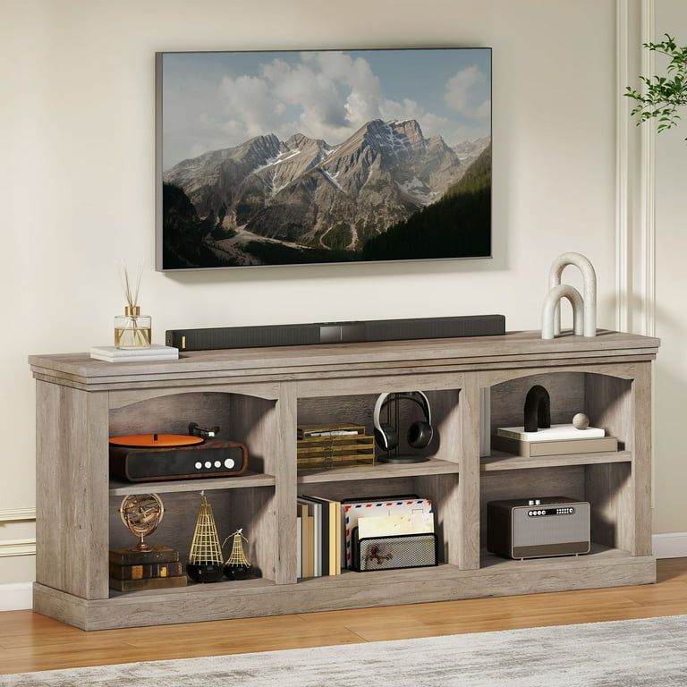 TV Stand for 80 Inches TV, Farmhouse Entertainment Center with Adjustable Shelf & Storage Cabinets, Washed Gray