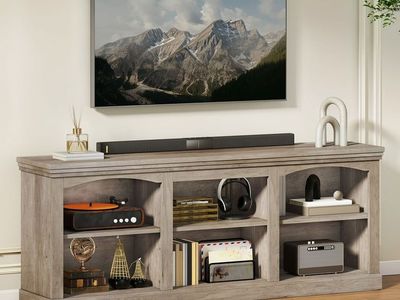 TV Stand for 80 Inches TV, Farmhouse Entertainment Center with Adjustable Shelf & Storage Cabinets, Washed Gray