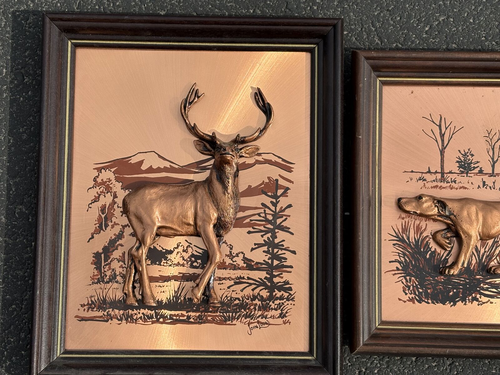 Vintage Mid Century framed Copper Wall Art.  Hunting dogs Deer, buck