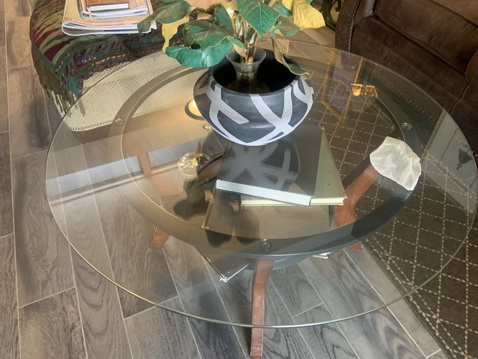 Round Glass Top Coffee Table with Wood Legs - Contemporary Style