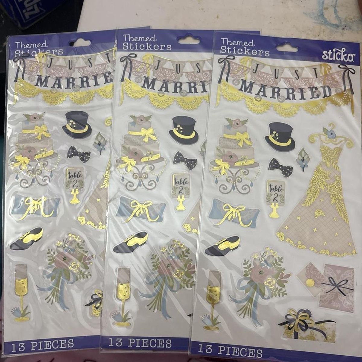 Sticko Just Married Wedding Themed Stickers - 13 Pieces, Gold Foil Accents, 3 Packs