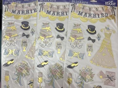 Sticko Just Married Wedding Themed Stickers - 13 Pieces, Gold Foil Accents, 3 Packs
