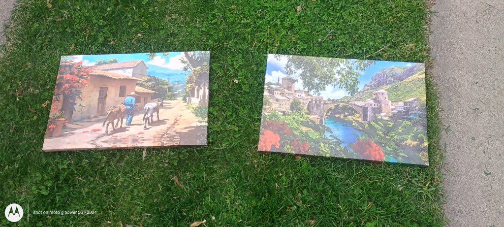 Two 12x18in Framed Canvas Prints: Man with Donkeys & Floral Scene Art Set