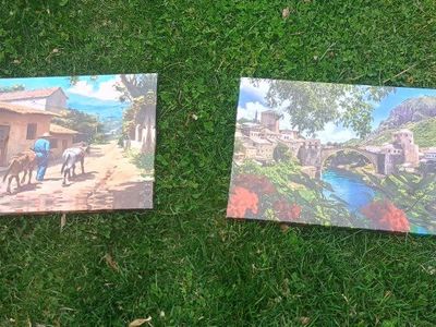 Two 12x18in Framed Canvas Prints: Man with Donkeys & Floral Scene Art Set
