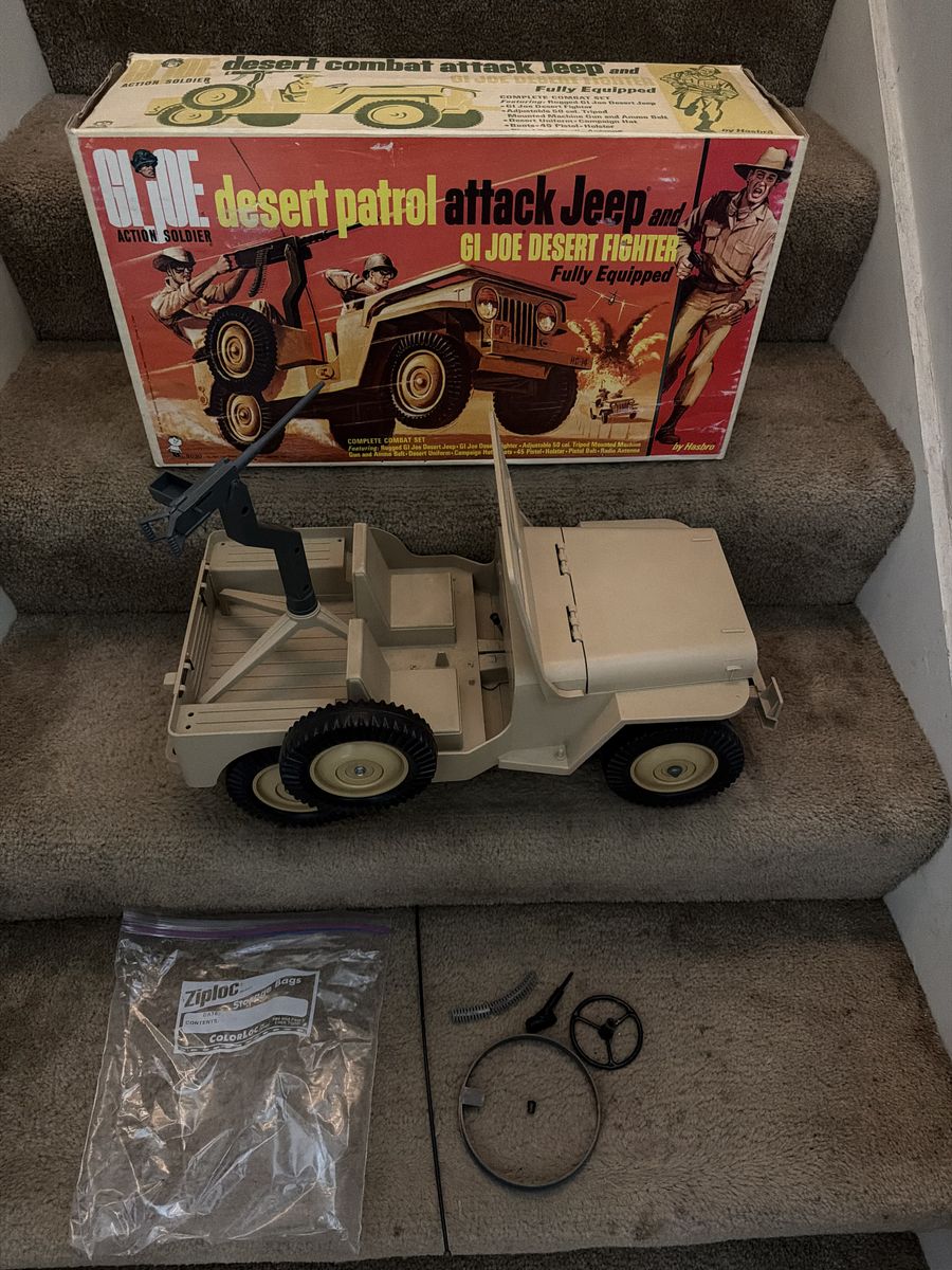 Rare 1967 G.I. Joe action figure desert patrol Jeep in original box 650.00 or G.I. Joe crash crew truck in original box is $1000