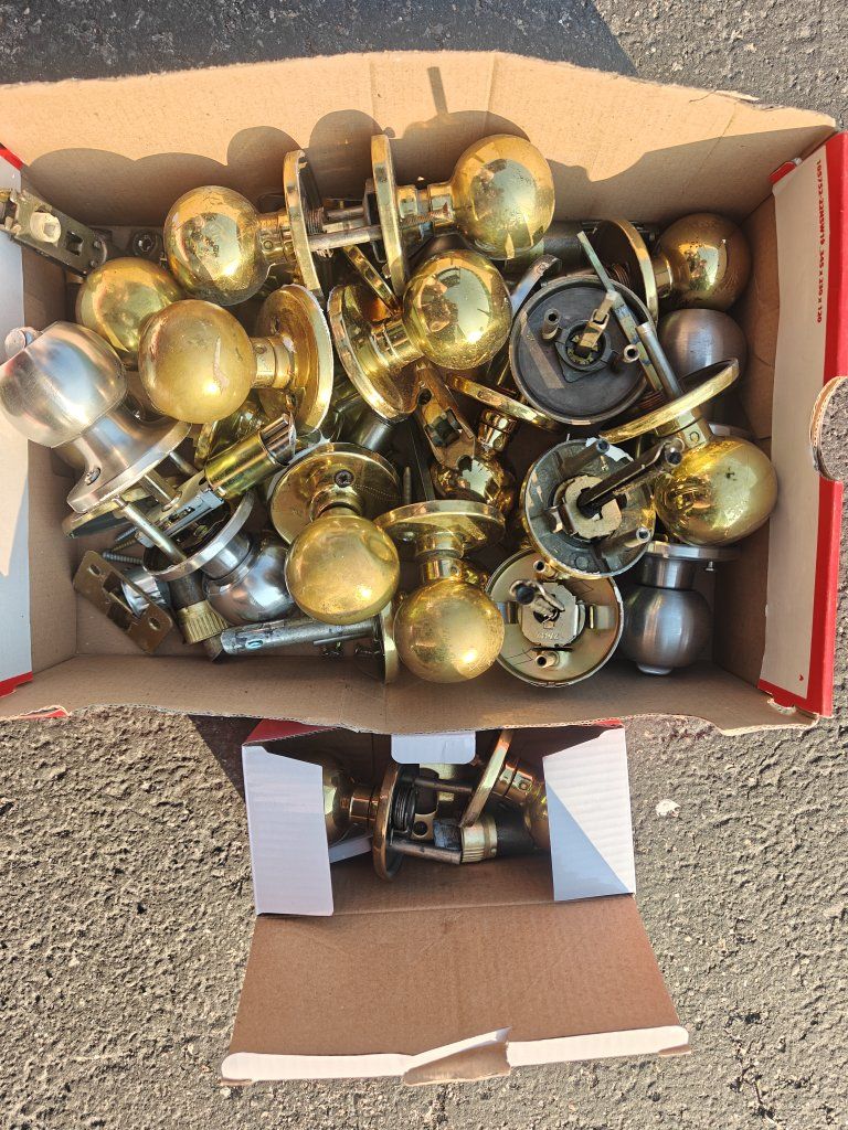 Bulk Box of Used Brass and Silver Door Knobs & Hardware