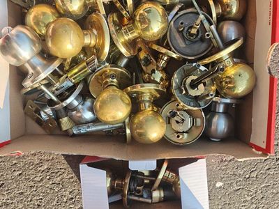 Bulk Box of Used Brass and Silver Door Knobs & Hardware