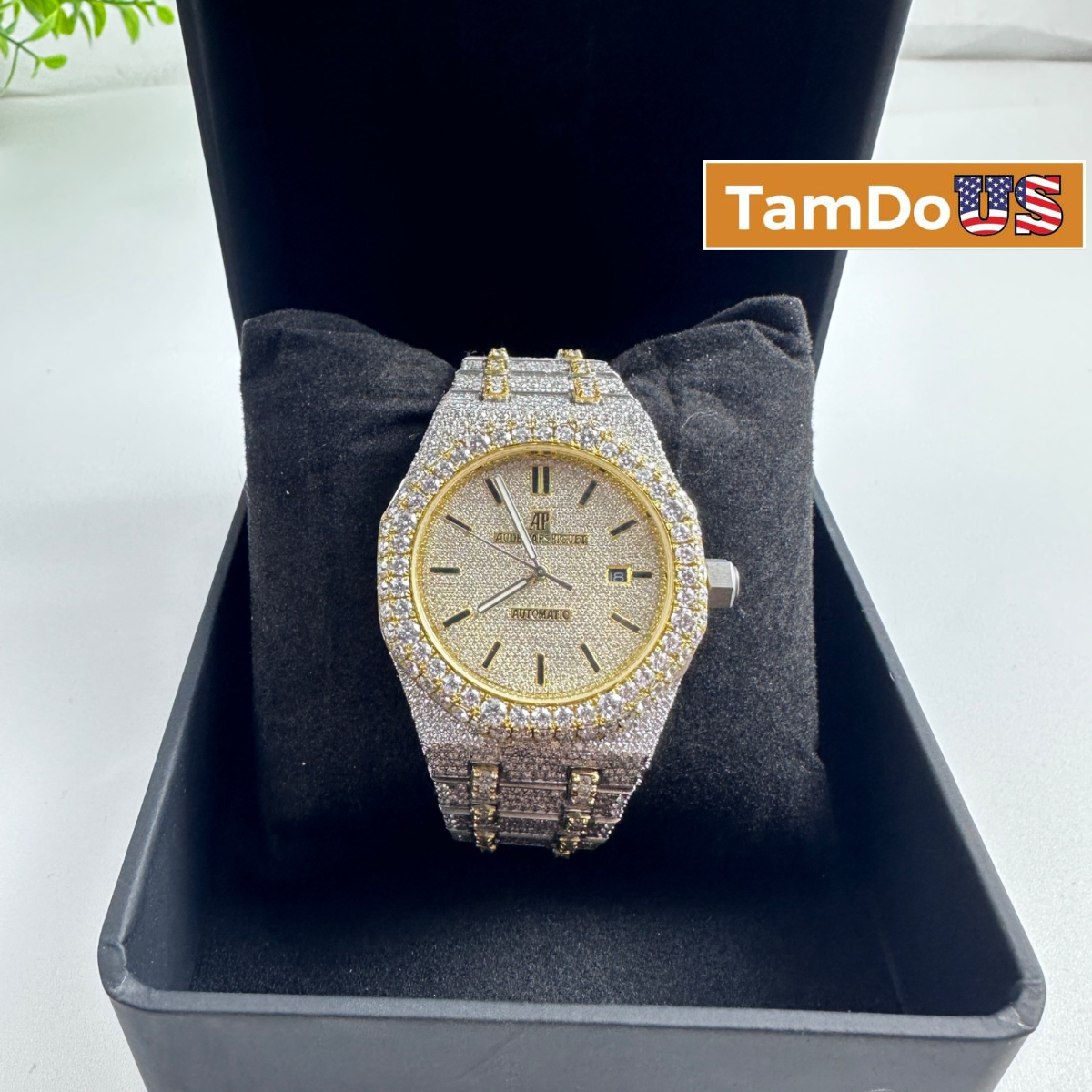 Men's Royal Oak Style Iced Out Automatic Watch Two-Tone Gold CZ Simulated