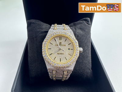 Men's Royal Oak Style Iced Out Automatic Watch Two-Tone Gold CZ Simulated
