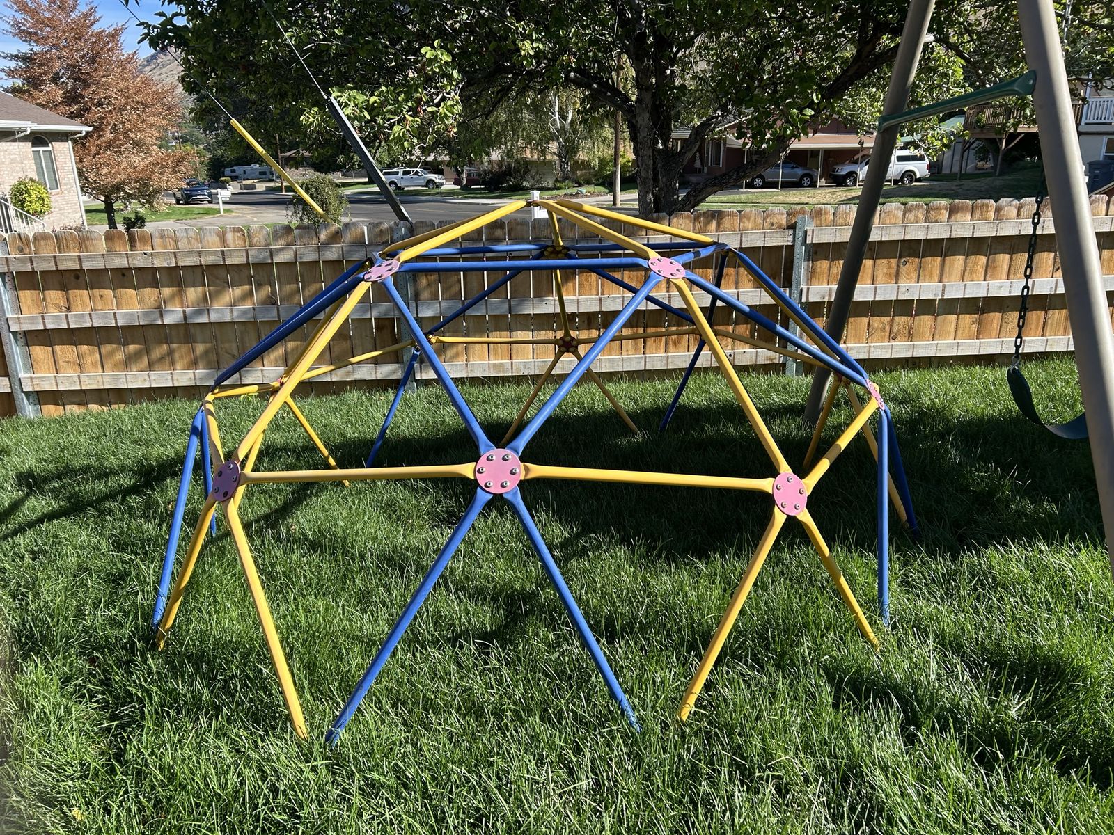 Outdoor Metal Climbing Dome Jungle Gym - Blue, Yellow, & Pink