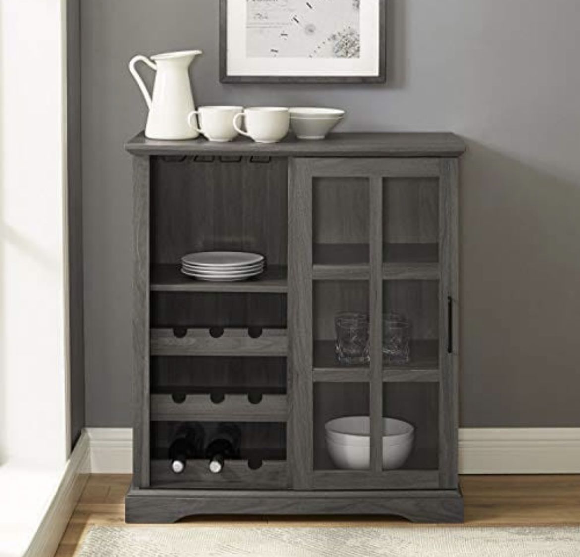 36" Gray Buffet Cabinet with Sliding Door & Wine Rack Storage