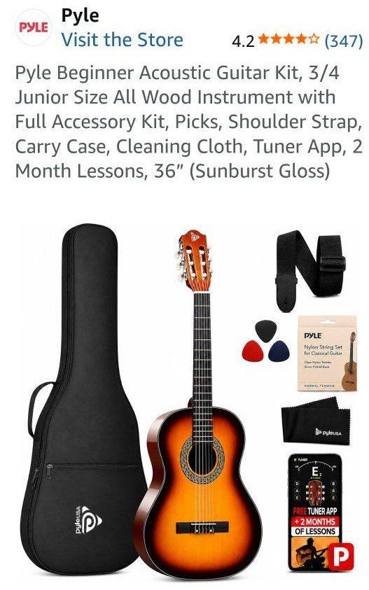 Pyle Beginner Acoustic Guitar Kit, 3/4 Junior Size 36" Sunburst Gloss new