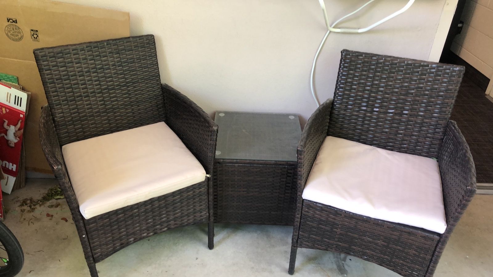 Outdoor Wicker Patio Furniture Set - 2 Chairs & Glass Top Side Table, Brown Wicker with Beige Cushions