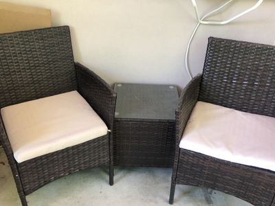 Outdoor Wicker Patio Furniture Set - 2 Chairs & Glass Top Side Table, Brown Wicker with Beige Cushions