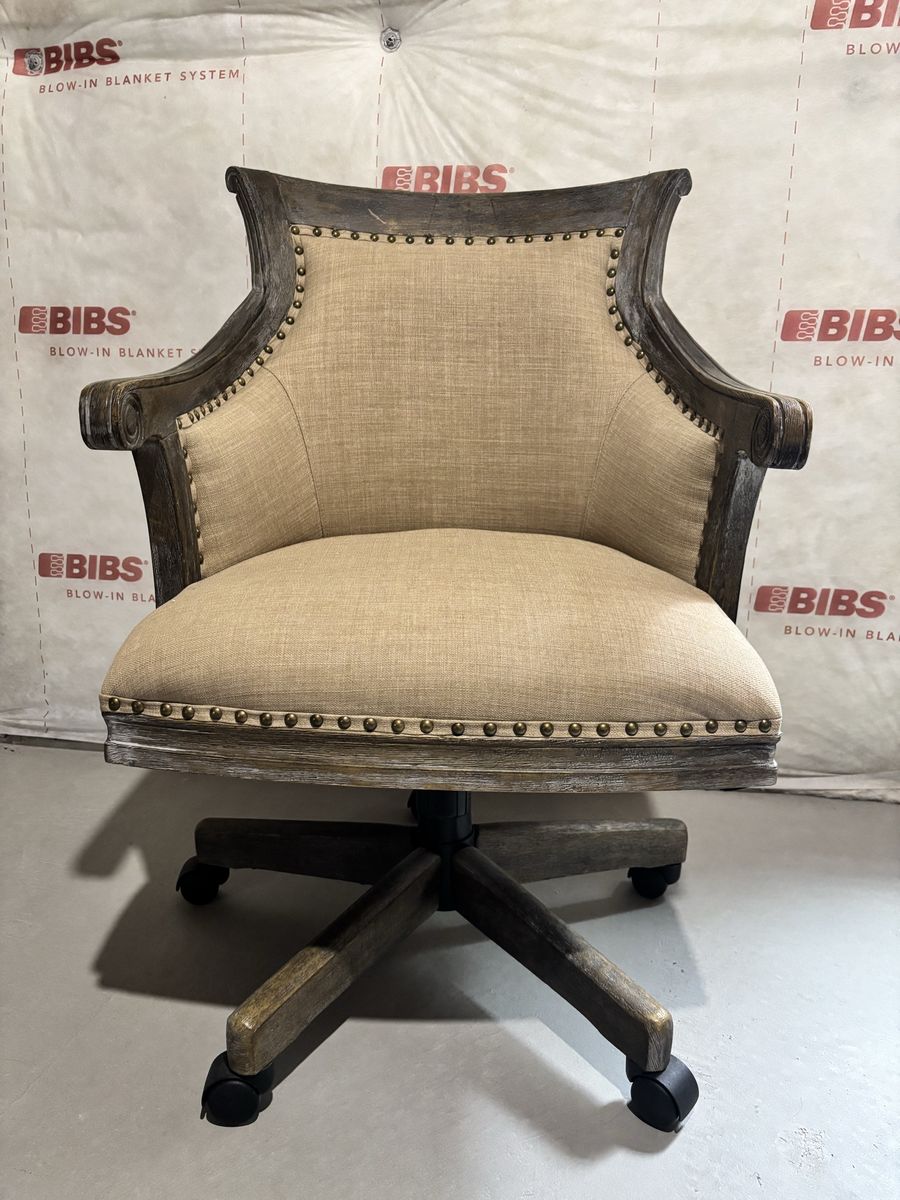 Vintage Style Rolling Office Chair with Beige Upholstery and Distressed Wood