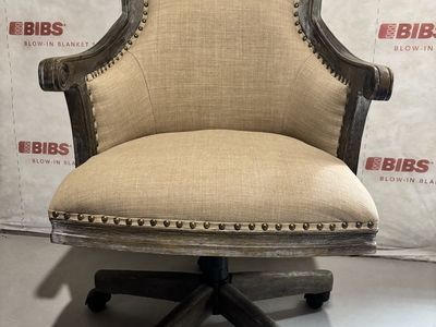 Vintage Style Rolling Office Chair with Beige Upholstery and Distressed Wood