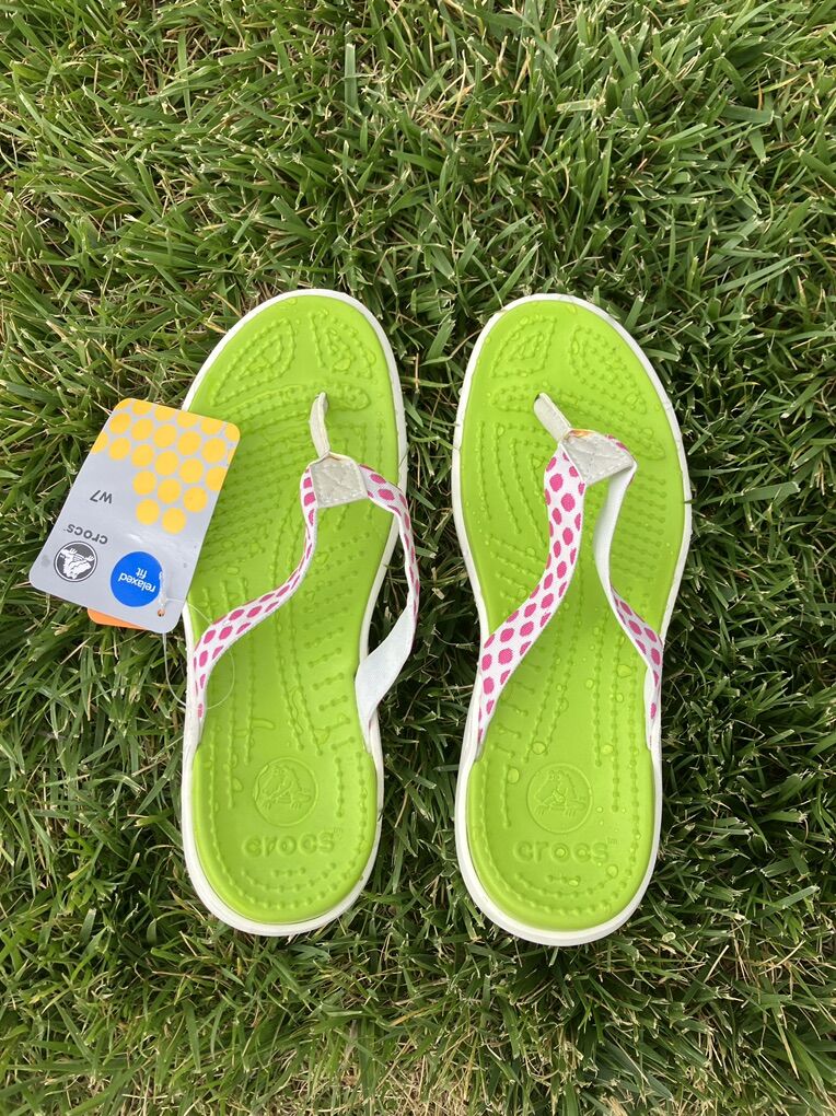 New Lime Green Crocs W/ Pink Polka-Dot Straps